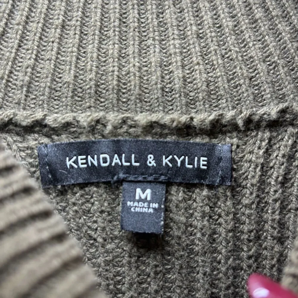 Kendall & Kylie Mock Neck Cropped Knit Sweater Olive Green Medium